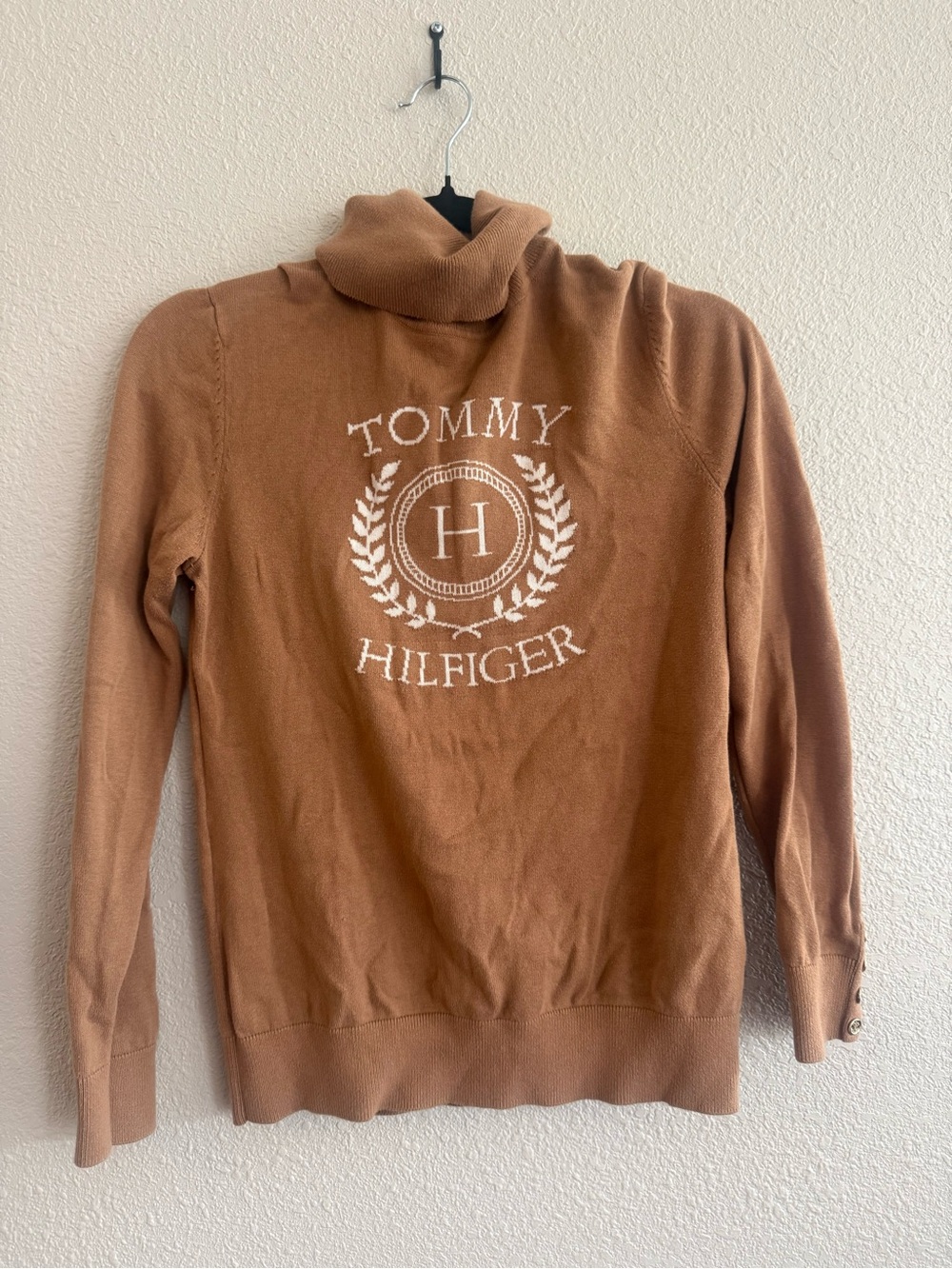 Tommy Hilfiger Camel Brown Turtleneck Sweater with Logo